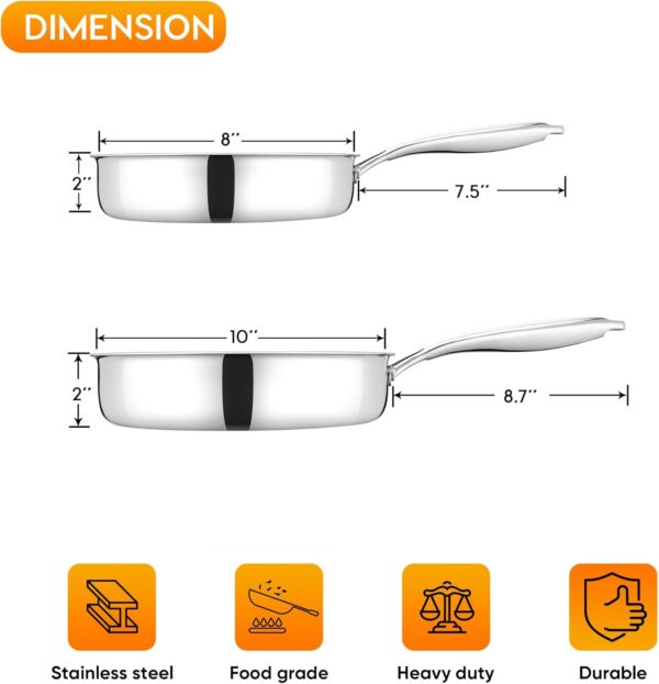8" and 10" Nonstick Frying Pan Set, Tri-ply Stainless Steel Skillet Fry Pan for Cooking Omelets Egg Steaks, Induction Ready & Oven Safe, Stay-Cool Handle & Compatible with All Stoves - Image 2