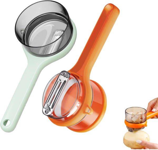 2 Pack Vegetable Peeler with Container, Double-Sided Stainless Steel Blade Peeling Knife with Storage Box, Veggie Peeler with Catcher Bucket for Home Kitchen Fruit Supplies (Orange & Green)