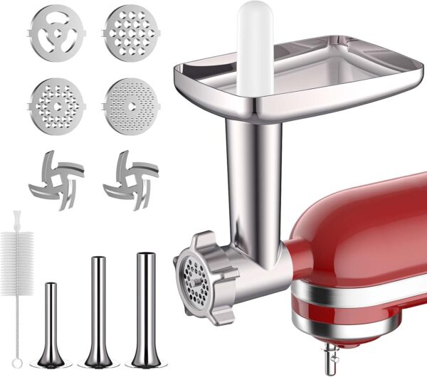 Metal Meat Grinder Attachment for  Stand Mixers, Food Grinder Attachment Includes 4 Grinding Plates, 3 Sausage Stuffer Tubes, 2 Grinding Blades, Grinder and Sausage Stuffer by