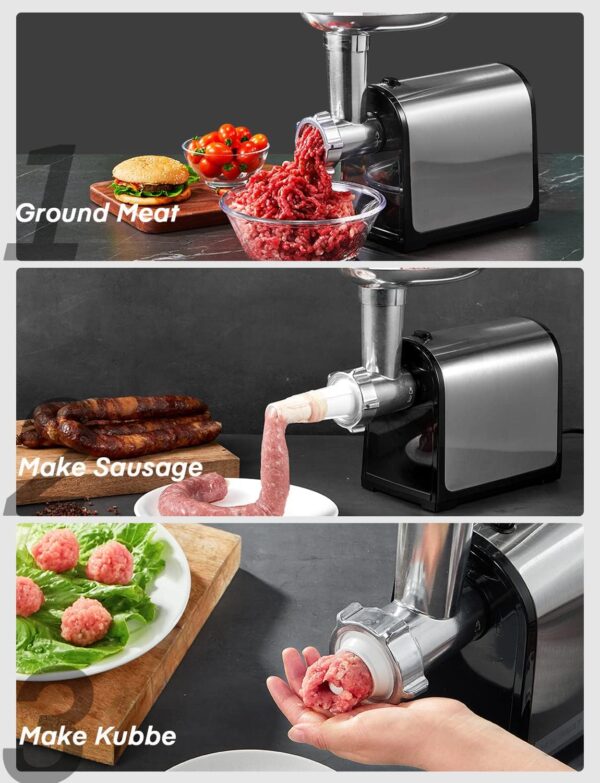 Electric Meat Grinder, 3200W Max Meat Grinders for Home Use,  3 in 1 Heavy Duty Meat Mincer with 2 Blades and 3 Plates, Sausage Stuffer Tube &  Kit, Stainless Steel - Image 2