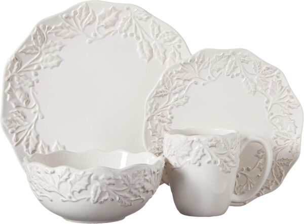 Holiday Round Dinnerware Set – 16-Piece Ceramic Party Collection w/ 4 Dinner Salad Plates, 4 Bowls & 4 Mugs –Gift Idea for Special Occasions, White, - Image 2