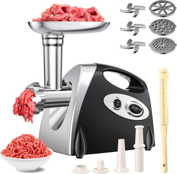 Electric Meat Grinder, 2500W Max Meat Grinder with Stainless Steel 3 Blades and 3 Grinder Plates, Sausage Stuffer Tube &  Kit, Heavy Duty Meat Grinder for Home Kitchen & Commercial Using
