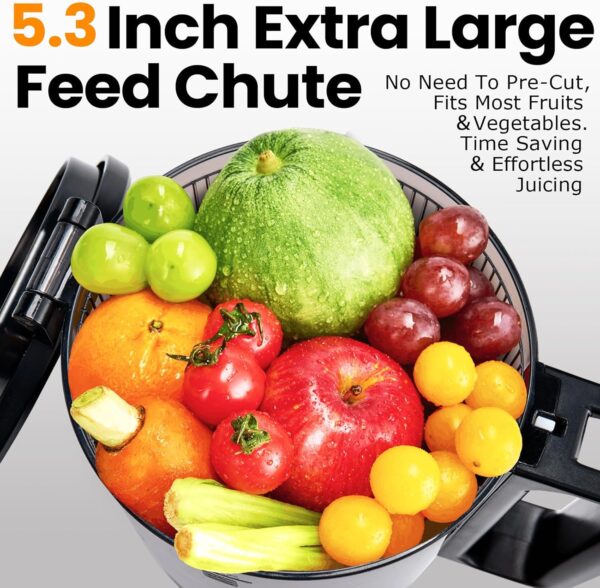 Cold Press Juicer,Slow Masticating Juicer Machines with 5.3" Large Feed Chute for Most Fruits and Vegetables,Easy to Clean Lemon Orange juicer with 250W Motor and High Juice Yield (Obsidian black) - Image 2