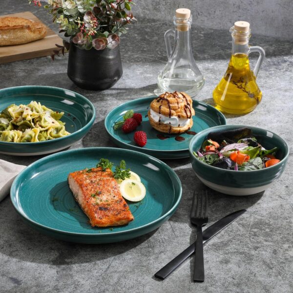 16 Piece Double Bowl Stoneware Reactive Glaze Round Plates and Bowls Dinnerware Set - Teal - Image 2